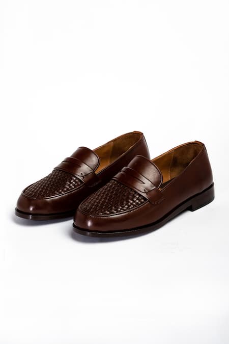 Buy_Aniket Gupta_Brown Cognac Leather Basket Weave Shoes_Online_at_Aza_Fashions