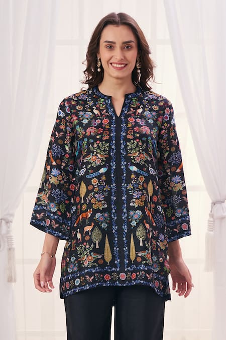 Shop Taroob Black Silk, Linen Embroidery Split V-neck Safari Kurta And Pant Set Online at Aza Fashions Shop_Taroob_Black Silk, Linen Embroidery Split V-neck Safari Kurta And Pant Set _Online_at_Aza_Fashions