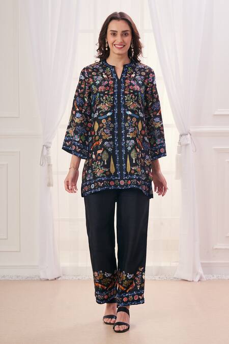 Taroob Black Silk, Linen Embroidery Split V-neck Safari Kurta And Pant Set at Aza Fashions Taroob_Black Silk, Linen Embroidery Split V-neck Safari Kurta And Pant Set _at_Aza_Fashions