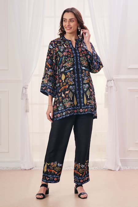 Buy Taroob Black Silk, Linen Embroidery Split V-neck Safari Kurta And Pant Set Buy_Taroob_Black Silk, Linen Embroidery Split V-neck Safari Kurta And Pant Set