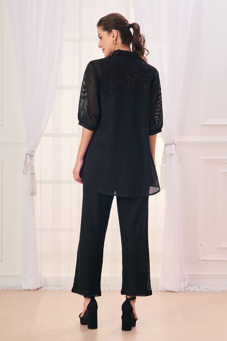 Shop_Taroob_Black Silk Cotton Blend Embroidered Safari Collar Shirt And Pant Set _at_Aza_Fashions