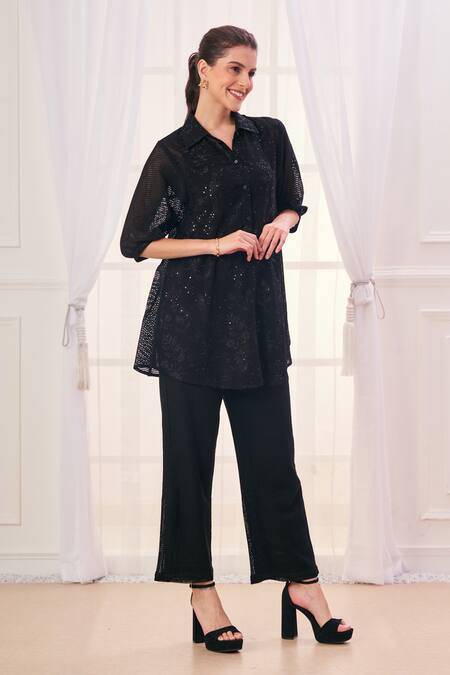 Buy_Taroob_Black Silk Cotton Blend Embroidered Safari Collar Shirt And Pant Set _Online_at_Aza_Fashions