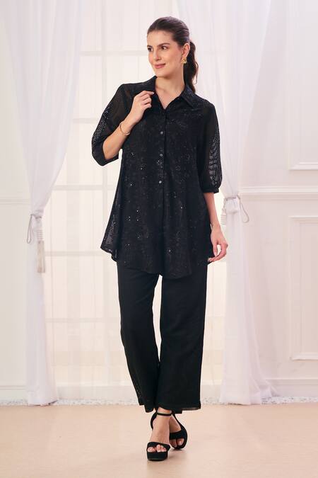 Buy_Taroob_Black Silk Cotton Blend Embroidered Safari Collar Shirt And Pant Set 