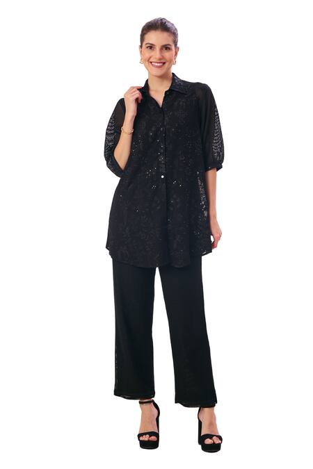 Shop_Taroob_Black Silk Cotton Blend Embroidered Safari Collar Shirt And Pant Set 