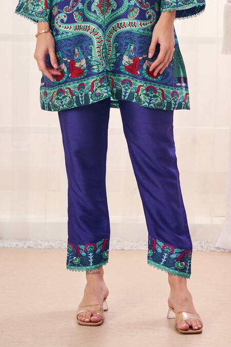 Taroob_Blue Silk, Linen Embroidery V-neck Mughal Art Print Kurta And Pant Set _Online_at_Aza_Fashions
