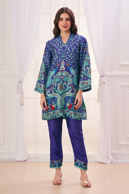 Shop_Taroob_Blue Silk, Linen Embroidery V-neck Mughal Art Print Kurta And Pant Set _Online_at_Aza_Fashions