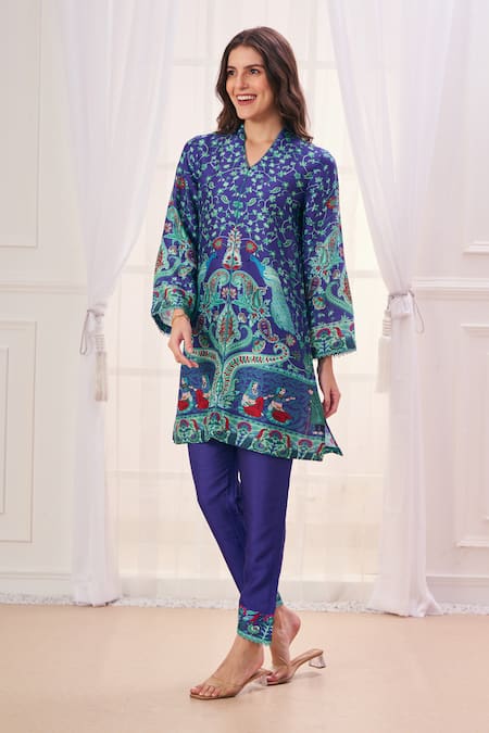 Buy_Taroob_Blue Silk, Linen Embroidery V-neck Mughal Art Print Kurta And Pant Set 