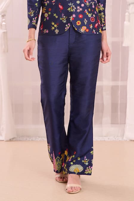 Taroob_Blue Silk Blend Embroidered Nizam Kalamkari Jacket Lapel Collar Pant Set_Online_at_Aza_Fashions