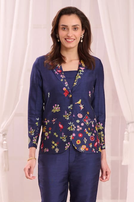 Buy_Taroob_Blue Silk Blend Embroidered Nizam Kalamkari Jacket Lapel Collar Pant Set_Online_at_Aza_Fashions