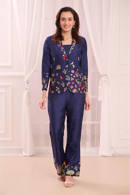 Shop_Taroob_Blue Silk Blend Embroidered Nizam Kalamkari Jacket Lapel Collar Pant Set_Online_at_Aza_Fashions