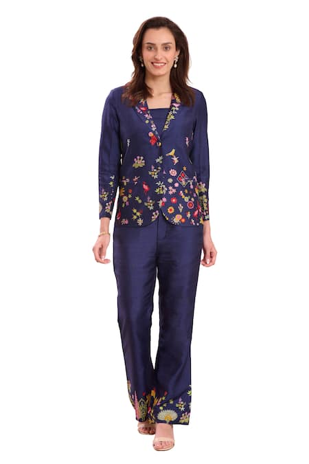 Taroob_Blue Silk Blend Embroidered Nizam Kalamkari Jacket Lapel Collar Pant Set_at_Aza_Fashions