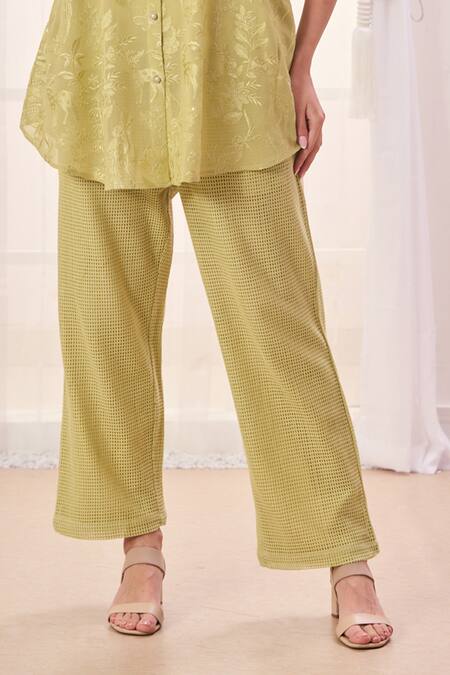 Taroob_Green Silk Cotton Blend Embroidered Safari Collar Shirt And Pant Set_Online_at_Aza_Fashions