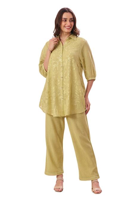 Buy_Taroob_Green Silk Cotton Blend Embroidered Safari Collar Shirt And Pant Set_Online_at_Aza_Fashions