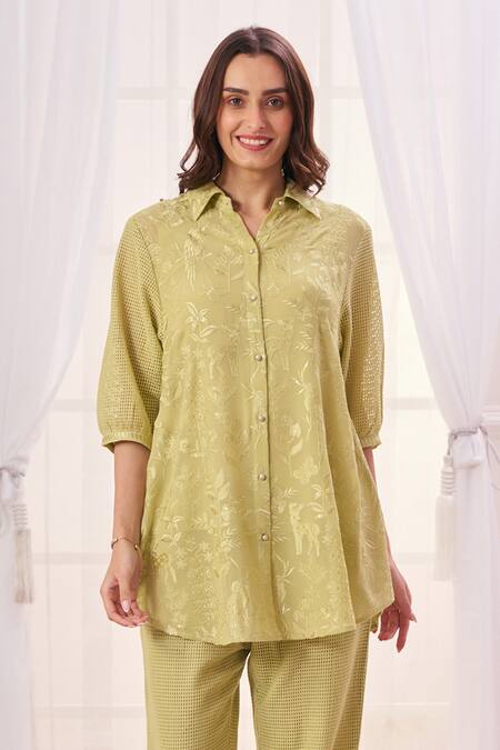 Shop_Taroob_Green Silk Cotton Blend Embroidered Safari Collar Shirt And Pant Set_Online_at_Aza_Fashions