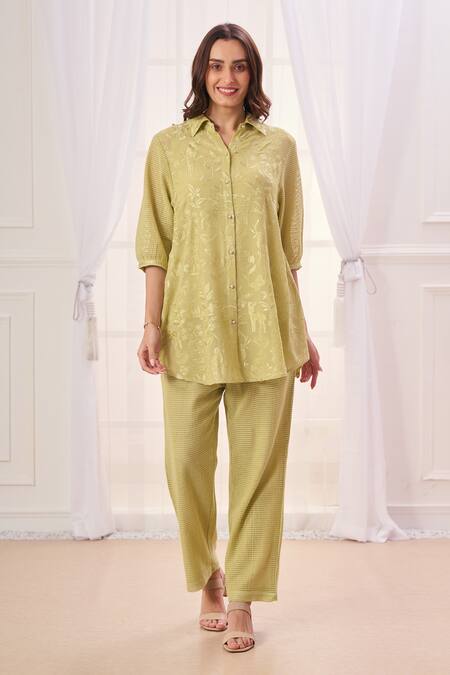 Taroob_Green Silk Cotton Blend Embroidered Safari Collar Shirt And Pant Set_at_Aza_Fashions