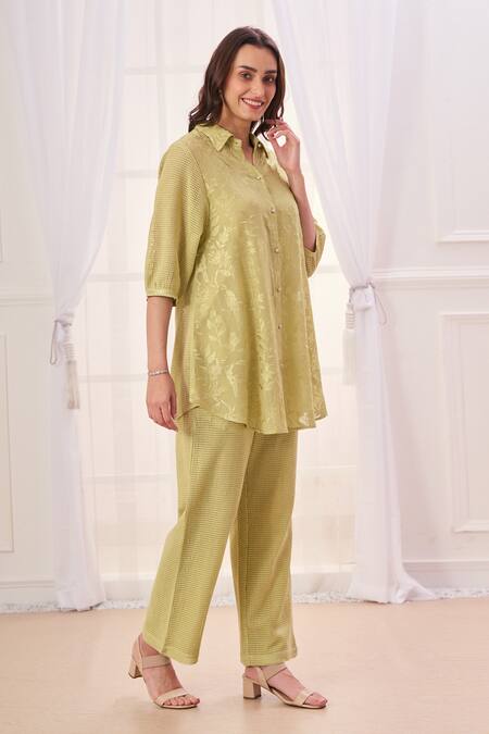 Shop_Taroob_Green Silk Cotton Blend Embroidered Safari Collar Shirt And Pant Set