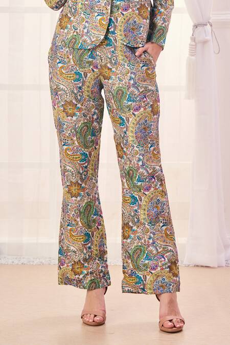 Taroob_Multi Color Silk Blend Embroidered Paisley Jacket Lapel Collar Pant Set_Online_at_Aza_Fashions