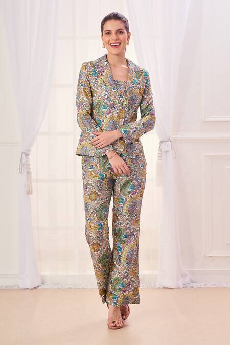 Buy_Taroob_Multi Color Silk Blend Embroidered Paisley Jacket Lapel Collar Pant Set_Online_at_Aza_Fashions
