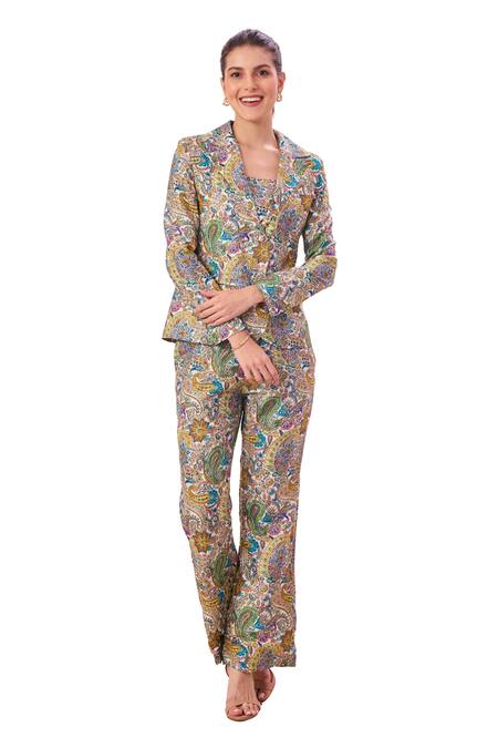 Shop_Taroob_Multi Color Silk Blend Embroidered Paisley Jacket Lapel Collar Pant Set_Online_at_Aza_Fashions