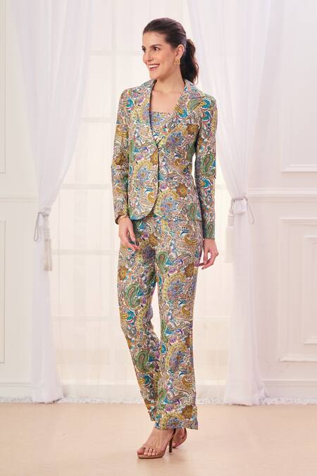 Buy_Taroob_Multi Color Silk Blend Embroidered Paisley Jacket Lapel Collar Pant Set