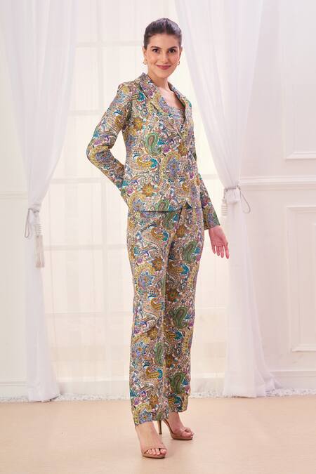 Shop_Taroob_Multi Color Silk Blend Embroidered Paisley Jacket Lapel Collar Pant Set