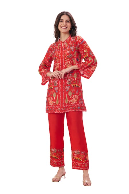 Buy Taroob Red Silk, Linen Embroidery Split V-neck Safari Notched Kurta And Pant Set Online at Aza Fashions Buy_Taroob_Red Silk, Linen Embroidery Split V-neck Safari Notched Kurta And Pant Set_Online_at_Aza_Fashions
