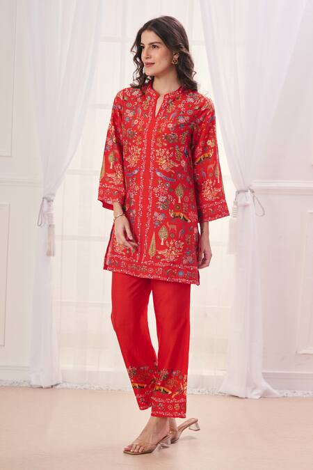 Shop Taroob Red Silk, Linen Embroidery Split V-neck Safari Notched Kurta And Pant Set Online at Aza Fashions Shop_Taroob_Red Silk, Linen Embroidery Split V-neck Safari Notched Kurta And Pant Set_Online_at_Aza_Fashions