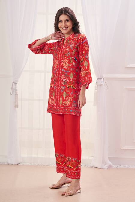 Taroob Red Silk, Linen Embroidery Split V-neck Safari Notched Kurta And Pant Set at Aza Fashions Taroob_Red Silk, Linen Embroidery Split V-neck Safari Notched Kurta And Pant Set_at_Aza_Fashions