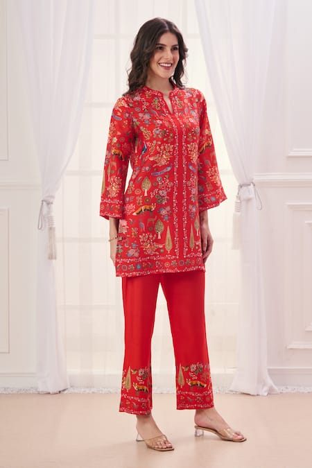 Buy Taroob Red Silk, Linen Embroidery Split V-neck Safari Notched Kurta And Pant Set Buy_Taroob_Red Silk, Linen Embroidery Split V-neck Safari Notched Kurta And Pant Set