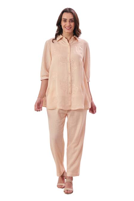 Shop_Taroob_Pink Silk Cotton Blend Embroidered Floral Collar Shirt And Pant Set_Online_at_Aza_Fashions