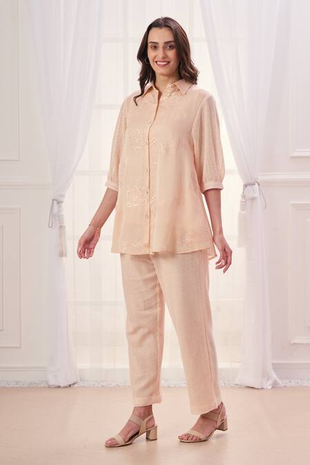 Taroob_Pink Silk Cotton Blend Embroidered Floral Collar Shirt And Pant Set_at_Aza_Fashions