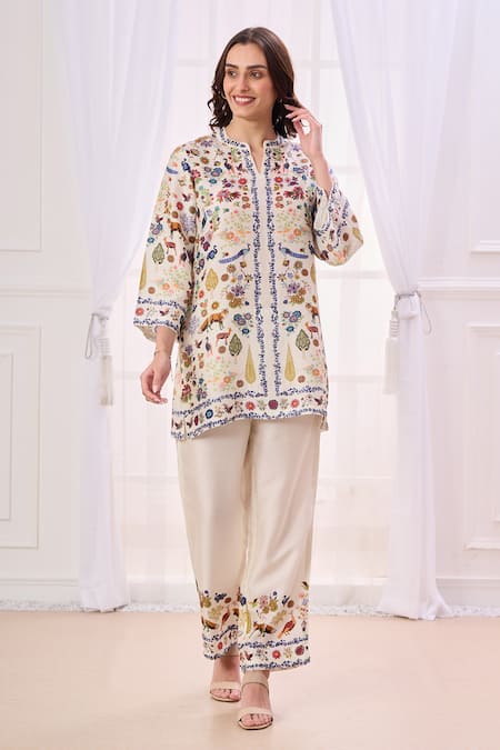 Taroob Cream Silk Linen Blend Embroidered Safari Notched Work Neck Kurta And Pant Set 