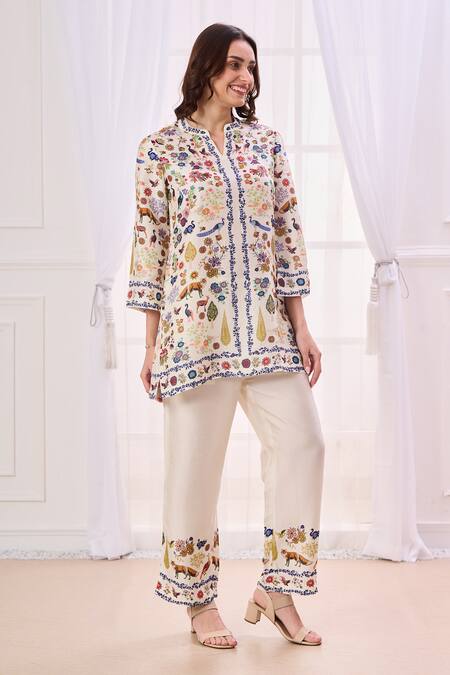 Taroob Cream Silk, Linen Embroidery Split V-neck Safari Work Notched Kurta And Pant Set Online at Aza Fashions Taroob_Cream Silk, Linen Embroidery Split V-neck Safari Work Notched Kurta And Pant Set_Online_at_Aza_Fashions
