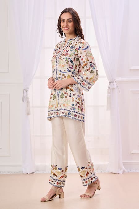 Buy Taroob Cream Silk, Linen Embroidery Split V-neck Safari Work Notched Kurta And Pant Set Online at Aza Fashions Buy_Taroob_Cream Silk, Linen Embroidery Split V-neck Safari Work Notched Kurta And Pant Set_Online_at_Aza_Fashions