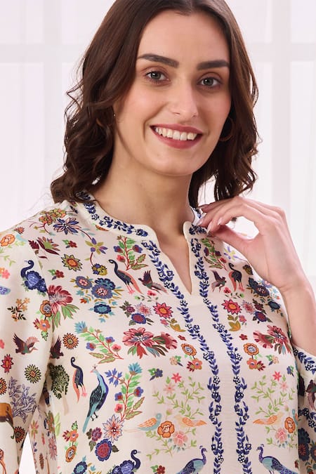 Shop Taroob Cream Silk, Linen Embroidery Split V-neck Safari Work Notched Kurta And Pant Set Online at Aza Fashions Shop_Taroob_Cream Silk, Linen Embroidery Split V-neck Safari Work Notched Kurta And Pant Set_Online_at_Aza_Fashions