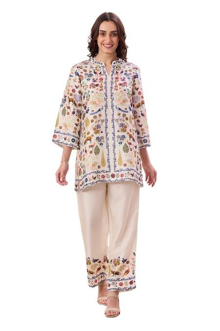 Taroob Cream Silk, Linen Embroidery Split V-neck Safari Work Notched Kurta And Pant Set at Aza Fashions Taroob_Cream Silk, Linen Embroidery Split V-neck Safari Work Notched Kurta And Pant Set_at_Aza_Fashions