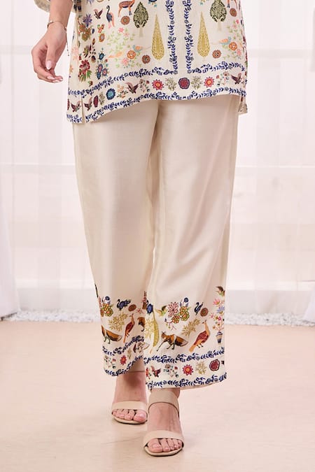 Buy Taroob Cream Silk, Linen Embroidery Split V-neck Safari Work Notched Kurta And Pant Set Buy_Taroob_Cream Silk, Linen Embroidery Split V-neck Safari Work Notched Kurta And Pant Set