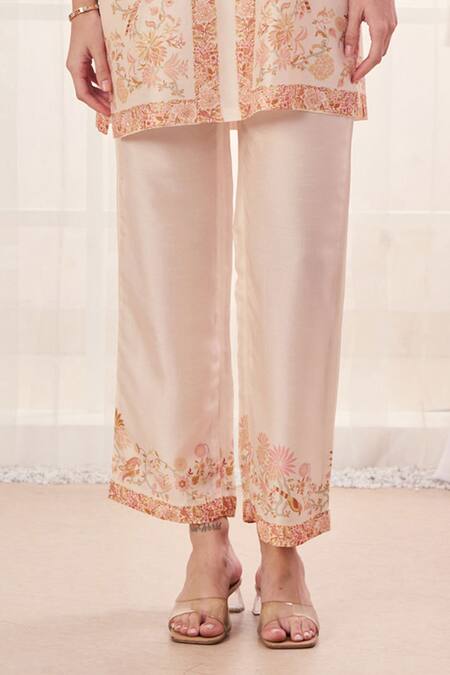 Buy Taroob Cream Silk, Linen Embroidery Split V-neck Floral Hand Kurta And Pant Set Online at Aza Fashions Buy_Taroob_Cream Silk, Linen Embroidery Split V-neck Floral Hand Kurta And Pant Set_Online_at_Aza_Fashions