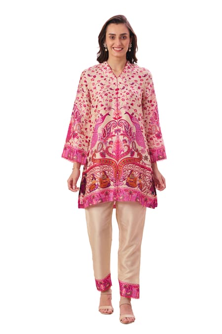 Taroob Cream Silk, Linen Embroidery V-neck Mughal Art Kurta And Pant Set at Aza Fashions Taroob_Cream Silk, Linen Embroidery V-neck Mughal Art Kurta And Pant Set_at_Aza_Fashions