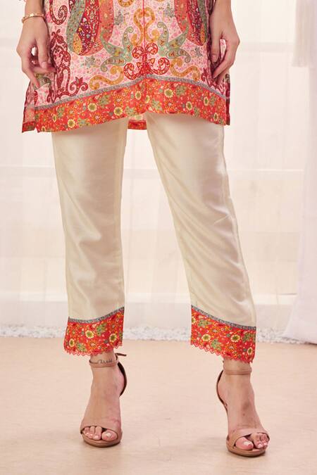 Taroob Cream Silk, Linen V-neck Paisley Print Kurta And Pant Set Online at Aza Fashions Taroob_Cream Silk, Linen V-neck Paisley Print Kurta And Pant Set _Online_at_Aza_Fashions