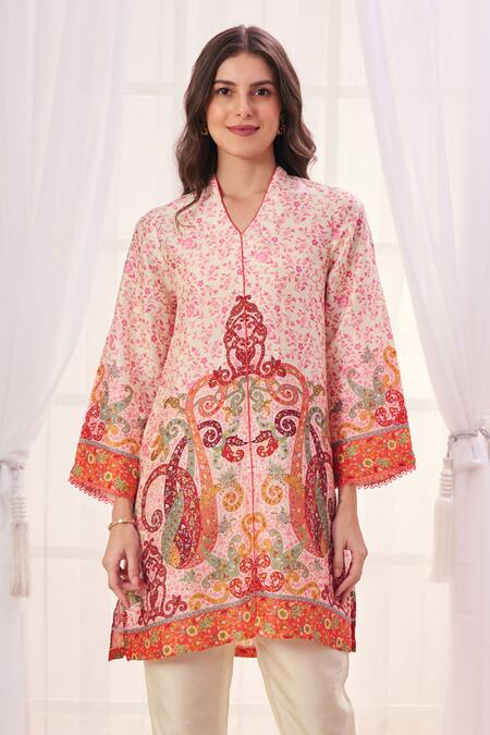 Buy Taroob Cream Silk, Linen V-neck Paisley Print Kurta And Pant Set Online at Aza Fashions Buy_Taroob_Cream Silk, Linen V-neck Paisley Print Kurta And Pant Set _Online_at_Aza_Fashions