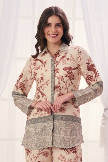 Buy_Taroob_Beige Linen Printed Safari Collar Pattern Shirt And Pant Set _Online_at_Aza_Fashions