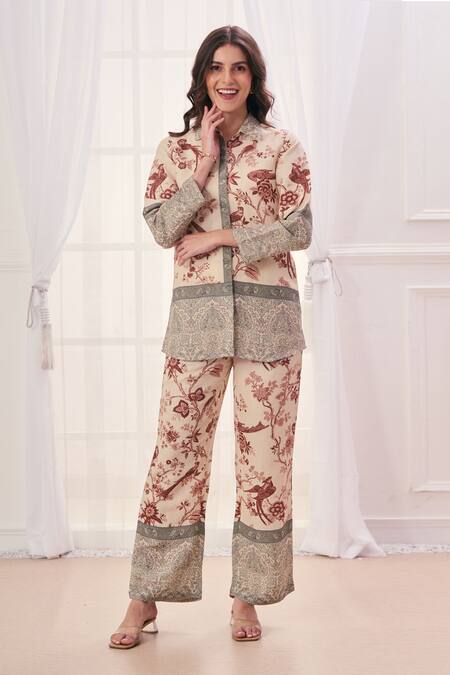 Shop_Taroob_Beige Linen Printed Safari Collar Pattern Shirt And Pant Set _Online_at_Aza_Fashions