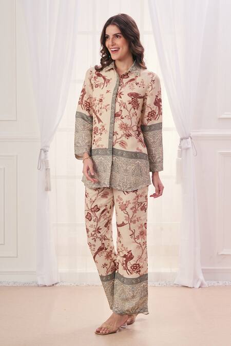 Taroob_Beige Linen Printed Safari Collar Pattern Shirt And Pant Set _at_Aza_Fashions