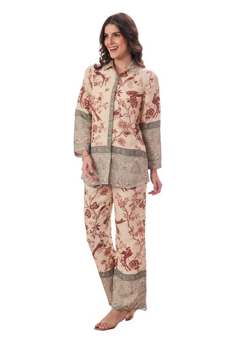 Buy_Taroob_Beige Linen Printed Safari Collar Pattern Shirt And Pant Set 