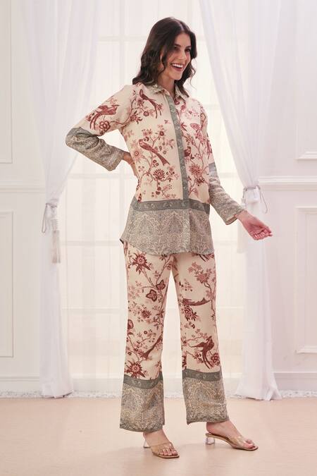 Shop_Taroob_Beige Linen Printed Safari Collar Pattern Shirt And Pant Set 