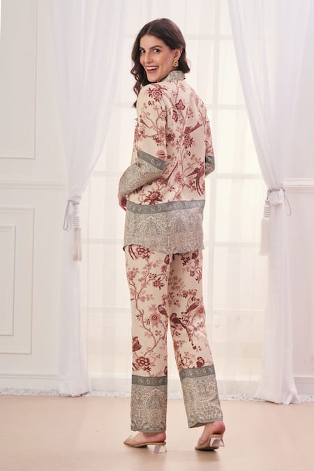 Shop_Taroob_Beige Linen Printed Safari Collar Pattern Shirt And Pant Set _at_Aza_Fashions