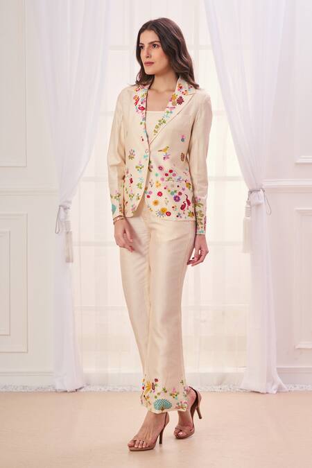 Taroob_White Silk Blend Embroidered Nizam Kalamkari Jacket Lapel Collar Work Pant Set_Online_at_Aza_Fashions