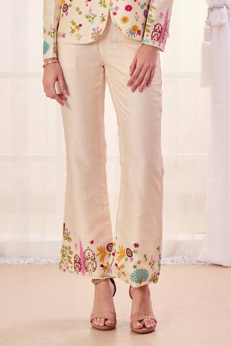 Buy_Taroob_White Silk Blend Embroidered Nizam Kalamkari Jacket Lapel Collar Work Pant Set_Online_at_Aza_Fashions