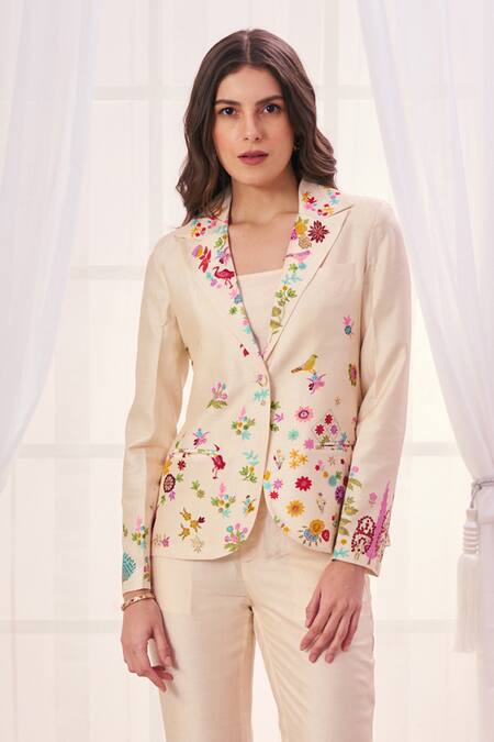 Shop_Taroob_White Silk Blend Embroidered Nizam Kalamkari Jacket Lapel Collar Work Pant Set_Online_at_Aza_Fashions